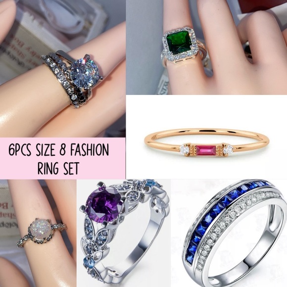 6pcs Size 8 Fashion Ring Set Rose Gold Silver - Picture 1 of 4